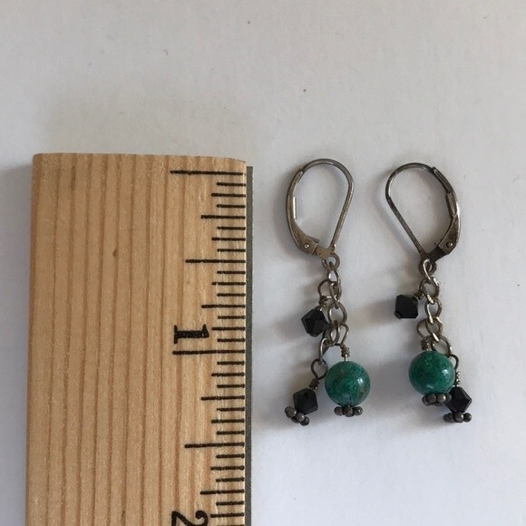 Vintage Handmade Chrysocolla Gemstone Sterling Silver Swarovski Lever Earrings - Picture 3 of 6